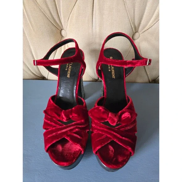 Saint Laurent Paris Red Velvet Platform Heels Glitter Heel Sandals EU 39 - Picture 6 of 6
